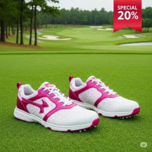 Stylish ladies golf shoes placed on a lush green golf course, ready for play and available at a discount.