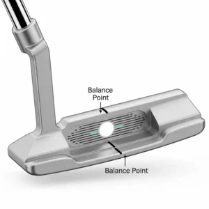 Detailed illustration of a mallet-style ladies lefty putter with alignment aids, emphasizing its balance and precision for accurate putting strokes by left-handed golfers.