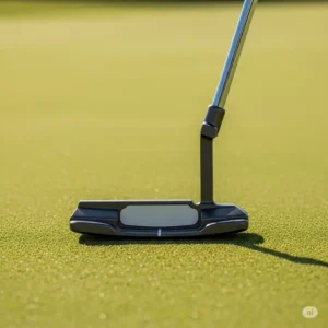 A sleek left-handed golf putter from a set of left handed golf clubs resting on a putting green, ready for a precise stroke.