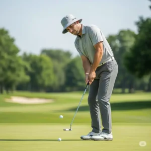 A golfer focused on putting, wearing a lightweight golf bucket hat mens for optimal vision and sun protection during his game.