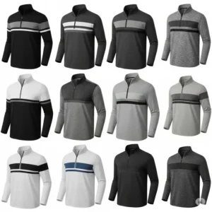 "Collection of mens golf quarter zip pullovers in various colors and designs, offering style and comfort."