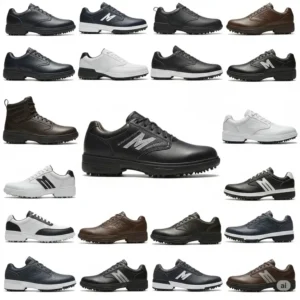 "Collage of various styles of mens wide golf shoes, including spiked and spikeless options, in different colors and materials."