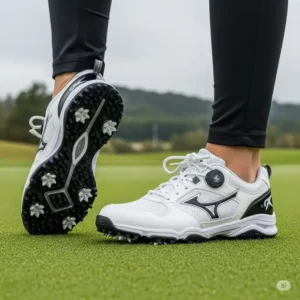 Durable spiked best female golf shoes providing superior grip on a damp, hilly golf course.