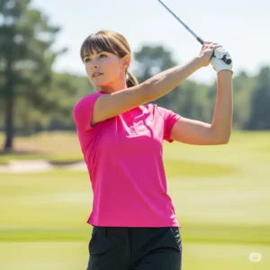 Woman in a pink womens golf polo demonstrating full range of motion, highlighting the shirt's flexibility.