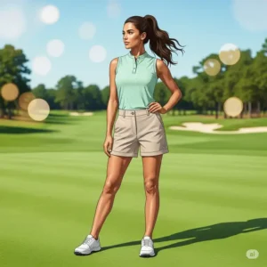 A graphic depicting a cute women's golf outfits featuring tailored golf shorts and a coordinated, breathable sleeveless top, ideal for warm weather play.