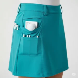 Detail shot of a womens golf skirt highlighting integrated pockets for tees, golf balls, and scorecards.