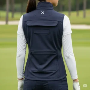 Back view of a womens golf vest, highlighting convenient pockets and a comfortable design ideal for layering on the course.
