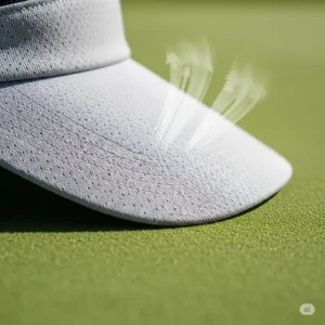 Detail shot of a womens golf visor's breathable fabric, highlighting features like moisture-wicking and ventilation for comfort during play.