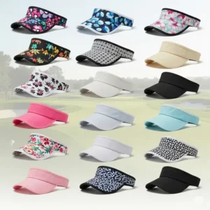 "Collection of colorful womens golf visors, offering various styles for different preferences in golf headwear."