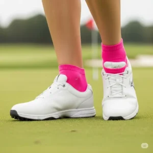 A visual of a woman wearing a pair of pink, no-show womens golf socks inside her golf shoes, demonstrating how the socks are hidden while providing comfort.