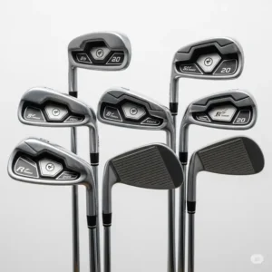 Collection of left-handed golf irons for youth, showing various clubheads suitable for different shots.