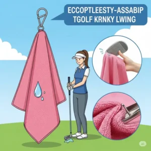 An illustration of a soft, absorbent golf towel with a clip, showing its effectiveness in keeping clubs and hands clean, a must-have golf accessories for women.