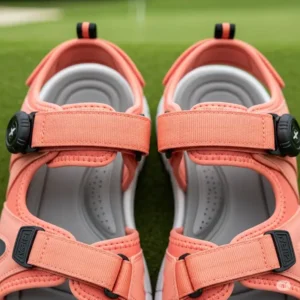 "Close-up of the adjustable straps and cushioned footbed on golf sandals for women, highlighting comfort features."