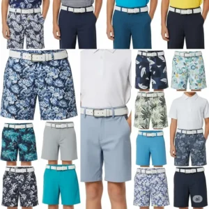 Assortment of boys golf shorts in various colors and patterns, offering a range of stylish options for young golfers.