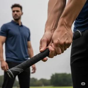 Detail of an ergonomic, oversized golf grip, showing how it provides a comfortable and secure hold for a golf club set for tall man's larger hands.