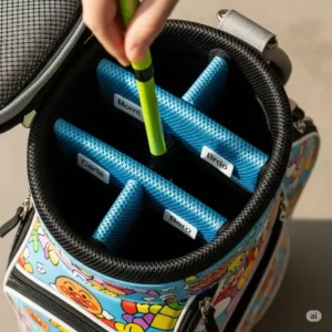 A child's golf club being easily placed into the organized compartments of a childrens golf bag.