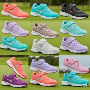 Collection of junior-sized girls golf shoes in various vibrant colors, designed for growing feet and aspiring young golfers.