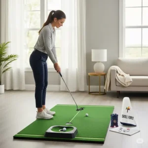 A woman practicing putting on an indoor golf mat, highlighting effective ladies golf presents for skill improvement.