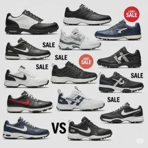 A visual comparison of various ladies golf shoe brands and styles, all part of a current sale event.