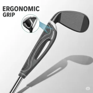An illustration highlighting the ergonomic grip of a ladies lefty golf club, designed for a comfortable and secure hold, specifically for left-handed female golfers.