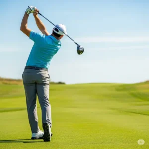  A left-handed golfer in mid-swing, demonstrating the proper technique with a set of left handed golf clubs on the course.