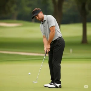 Man focused on putting, wearing a black mens golf visor for optimal visibility and sun protection.