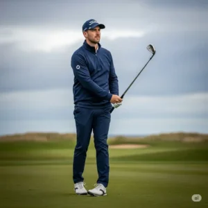 "Mens golf quarter zip protecting a golfer from the wind on a cooler day on the green."