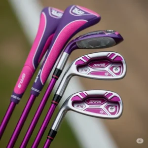 "Close-up of stylish pink and purple girls golf clubs, highlighting vibrant colors and durable materials designed for junior players."