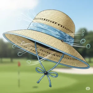  An illustration of a breathable straw golf sun hat with a decorative band, emphasizing airflow for hot weather.