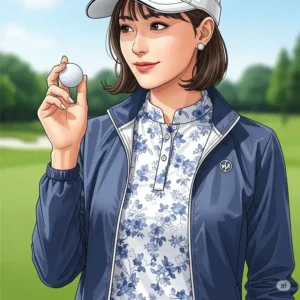 A close-up illustration of a woman wearing a chic, lightweight golf jacket over a short-sleeved top, demonstrating how to layer for a cute women's golf outfits.