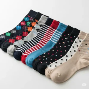 A group of different colored womens golf socks, each featuring a different pattern like argyle or stripes, laid out on a clean surface.