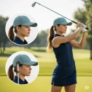 "Woman golfer with a practical cap featuring a ponytail hole, highlighting design features in womens golf headwear."