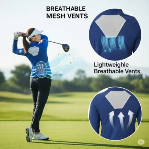 Graphic showcasing the breathable design features of a womens golf jacket, such as mesh vents.