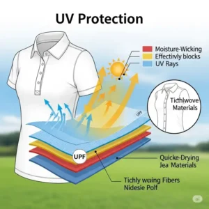 Diagram highlighting the UV protection features of a lightweight womens golf polo, ideal for sunny days.