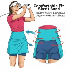 An illustration emphasizing the comfortable fit of a womens golf skirt with a wide waistband and built-in shorts.