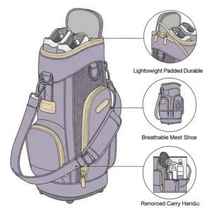 An illustration of a breathable golf shoe bag designed for women's golf shoes, providing convenient and clean transport for a key golf accessories for women.