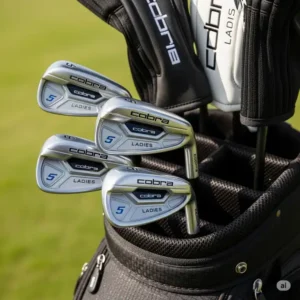 Cobra ladies golf irons neatly arranged in a golf bag, ready for a round of golf, showcasing a complete set for female players.
