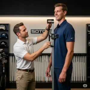 Professional measuring a tall man for a custom golf club set for tall man, demonstrating the importance of personalized fitting for optimal performance.