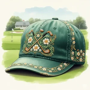 An illustration featuring a vintage golf hat with intricate embroidery, representing the personalized charm of classic golf apparel.