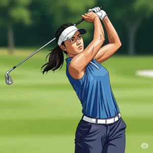 A dynamic illustration of a female left-handed golfer mid-swing, demonstrating the smooth motion and power achieved with ladies lefty golf clubs.