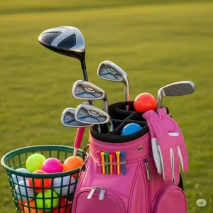 "A lightweight golf bag filled with girls golf clubs, along with golf balls, tees, and a glove, ready for a fun day on the course."