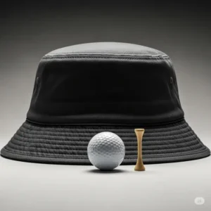 A classic golf bucket hat mens artfully arranged with a golf ball and tee, symbolizing essential golf accessories.