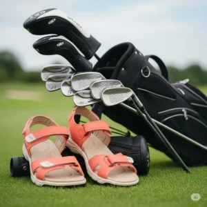 "Pair of golf sandals for women resting beside a golf bag and clubs, ready for a round."