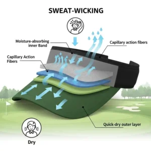 An infographic illustrating the sweat-wicking technology in a golf visor, keeping golfers dry on the course.