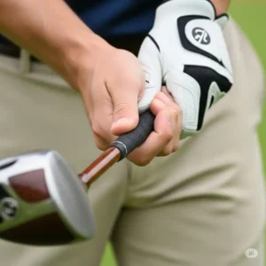 A golfer's hands properly gripping the handle of a mens lefty golf club, emphasizing correct technique.