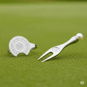 A collection of elegant golf accessories, including a unique ball marker and divot tool, ideal as small ladies golf presents.