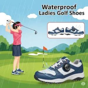 An illustration highlighting the waterproof feature of ladies golf shoes currently on sale, ideal for all weather conditions.