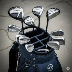 A durable golf bag specifically designed to hold a full set of left handed golf clubs, with various clubs visible in the compartments.