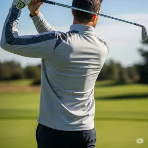 "Back view of a golfer showcasing the athletic fit and range of motion provided by a mens golf quarter zip."