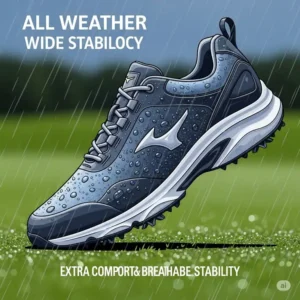 "Illustration of a mens wide golf shoe with a water droplet pattern, highlighting its waterproof and breathable features for all-weather play."